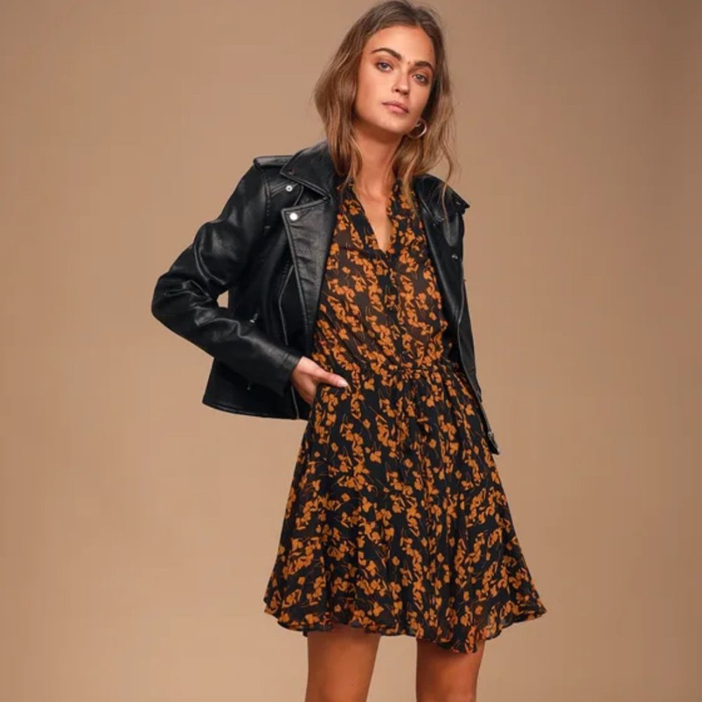Lulu's Black Floral Ruffle Mini Dress with Mustard Accents